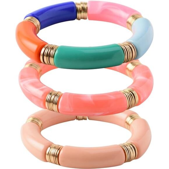 Colorful Acrylic Bamboo Bangle Bracelet | 14K Gold Plated Accents | Handmade - Picture 1 of 5